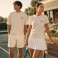 Male and female models wearing Court Habit One More Set tennis T-shirt in Desert Dust